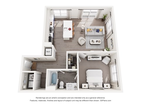 Floor plan for 1 bed, 1 bath, 848 sqft